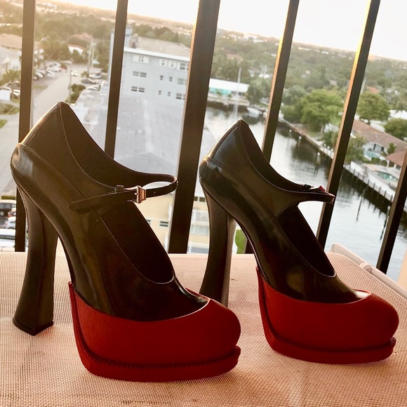Prada Shoes - Prada Black and Red Leather Pumps